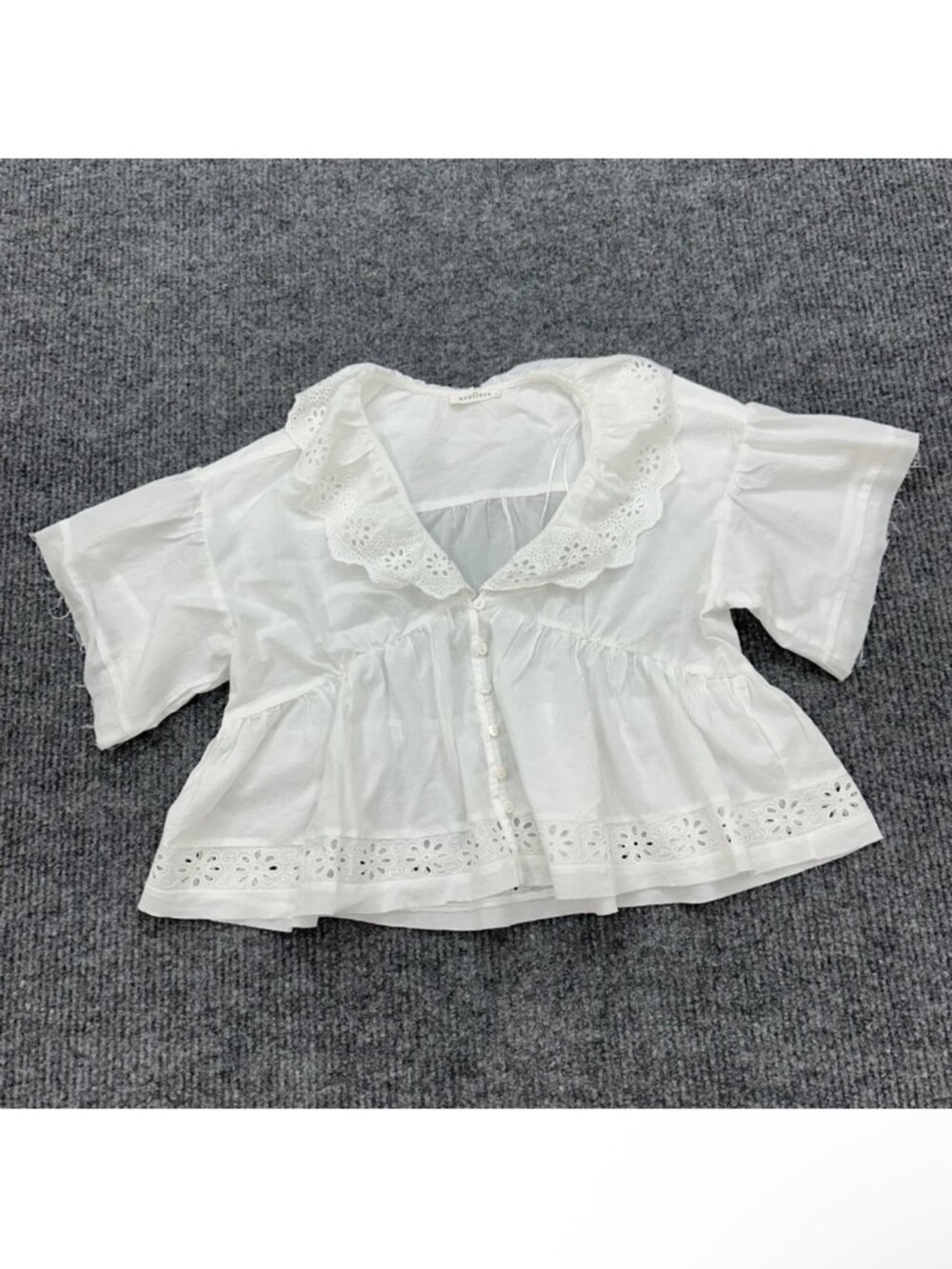 Neuflora Maribel White Blouse Short Sleeve Eyelet Cottagecore Shirt Size Large